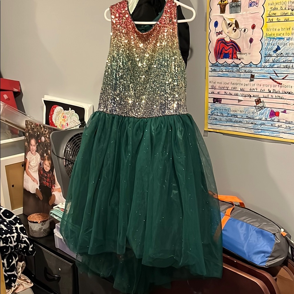 Sparkling Multicolor Sequin Dress with Green Tulle Skirt